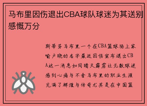 马布里因伤退出CBA球队球迷为其送别感慨万分